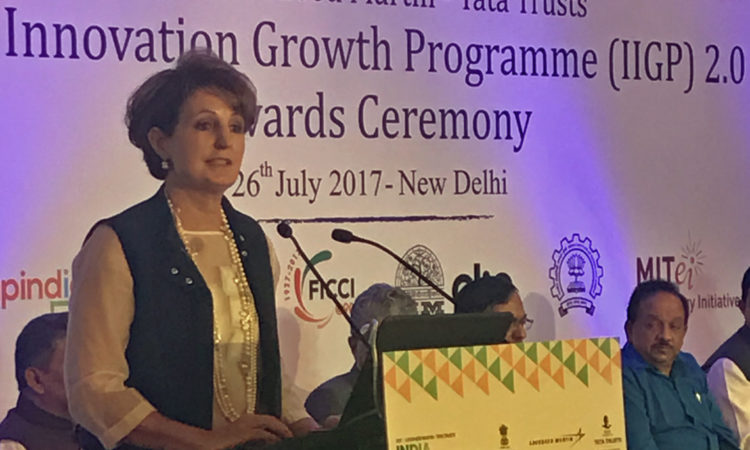 Chargé d’Affaires MaryKay Carlson at the DST Lockheed Martin Tata Trust Awards Ceremony