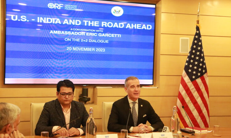Photo of Ambassador Garcetti and Professor. Harsh V. Pant, Vice President- Studies and Foreign Policy at Observer Research Foundation