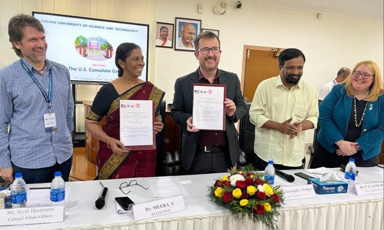 (From left) U.S. Consulate General Chennai’s Cultural Affairs Officer Scott Hartmann; CUSAT Registrar Prof. Dr. V. Meera; U.S. Consul General Chennai Christopher Hodges; CUSAT Vice Chancelor Dr. P.G. Sankaran; and U.S. Consulate General Chennai’s Counselor for Commercial Affairs Carey Arun at the signing of an MoU to establish an American Corner in CUSAT, Kochi, on Friday, February 16, 2024.