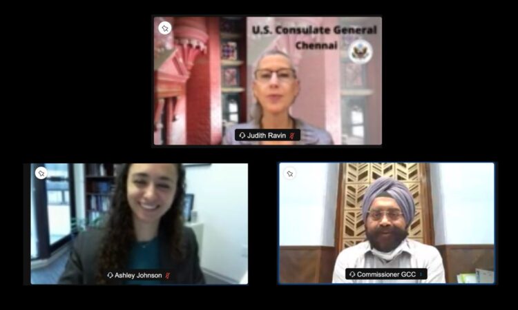 U.S. Consul General Judith Ravin gave her remarks in the presence of Gagandeep Singh Bedi, IAS, Principal Secretary and Commissioner of Chennai, and Ms. Ashley Johnson, Director of Energy and Environmental Affairs at the National Bureau of Asian Research, at the inauguration of the two-day virtual conference on Wednesday, September 8, 2021.