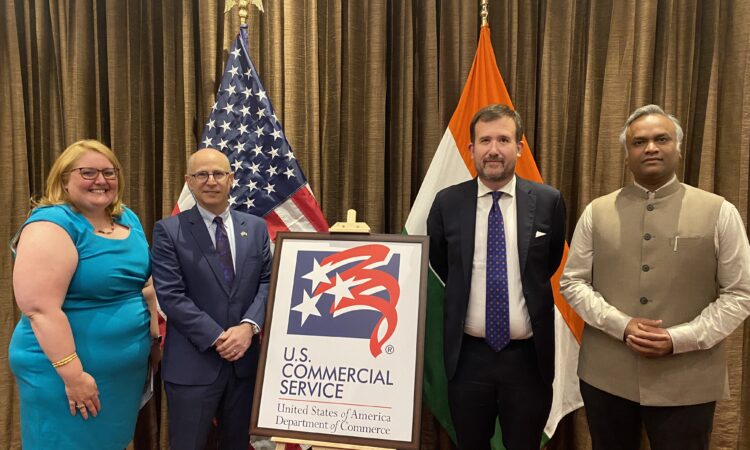 (L to R) Principal Commercial Officer for South India Carey Arun, U.S. Embassy New Delhi Minister Counselor for Commercial Affairs Jonathan Heimer, U.S. Consul General Chennai Christopher W. Hodges with Karnataka IT, BT, and Rural Development, Panchayat Raj Minister Priyank Kharge at a reception hosted to celebrate the 30 years of U.S. Commercial Service in Bengaluru on Thursday, August 17, 2023.