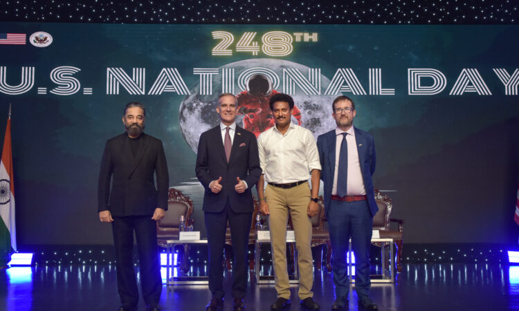 [L-R] Actor Kamal Haasan, U.S. Ambassador to India Eric Garcetti, Tamil Nadu Minister for School Education Anbil Mahesh Poyyamozhi, and U.S. Consul General in Chennai Chris Hodges celebrate the 248th anniversary of U.S. National Day in Chennai on Thursday, July 18, 2024.