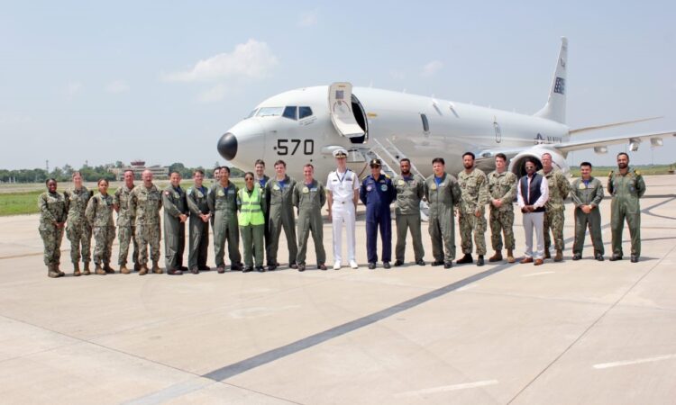 Sailors assigned to the “Tridents” of Patrol Squadron (VP) 26 and members of the Indian Navy Air Squadron (INAS) 312 “Albatross” pose for a photo upon the arrival of a U.S. Navy P-8A Poseidon aircraft at Rajali, India, on Tuesday, August 22, 2023. (U.S. Navy photo)