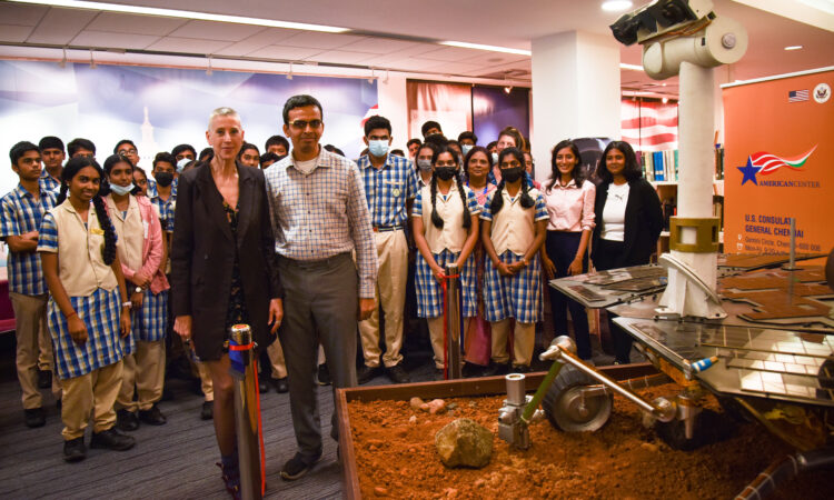 U.S. Consul General Chennai Judith Ravin launched the exhibit of a full- scale model of NASA’s Mars Rover “Opportunity” at the American Center inside the U.S. Consulate General in Chennai on Thursday, December 8. U.S. Fulbright-Nehru Scholar to India Dr. Venkateswaran Narayanaswamy was also present.