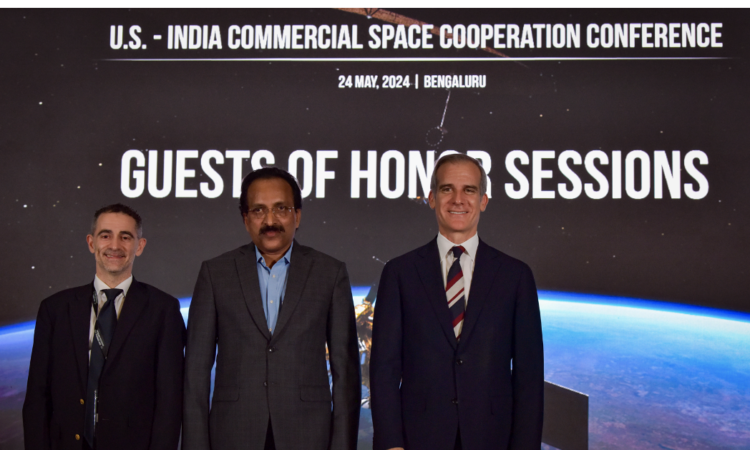 U.S. Ambassador Eric Garcetti with Indian Space Research Organisation Chairman S. Somanath and U.S.-India Business Council (USIBC) Managing Director Alexander Slater at the U.S.-India Commercial Space Cooperation Conference in Bengaluru on Friday, May 24, 2024.