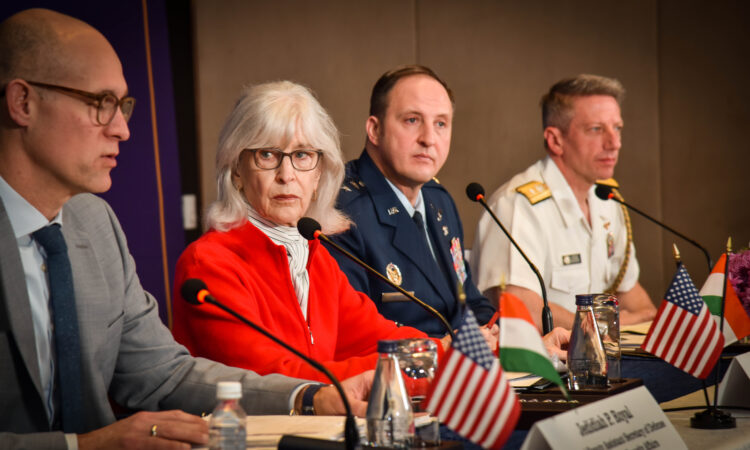 Principal Deputy Assistant Secretary of Defense for Indo-Pacific Security Affairs Jedidiah P. Royal; U.S. Embassy New Delhi Chargé d’Affaires, a.i. Ambassador A. Elizabeth Jones; Major General Julian C. Cheater, Assistant Deputy Under Secretary of the Air Force, International Affairs; and Senior Defense Official and Defense Attaché Rear Admiral Michael Baker at a press conference in Bengaluru on the U.S. participation at Aero India 2023.