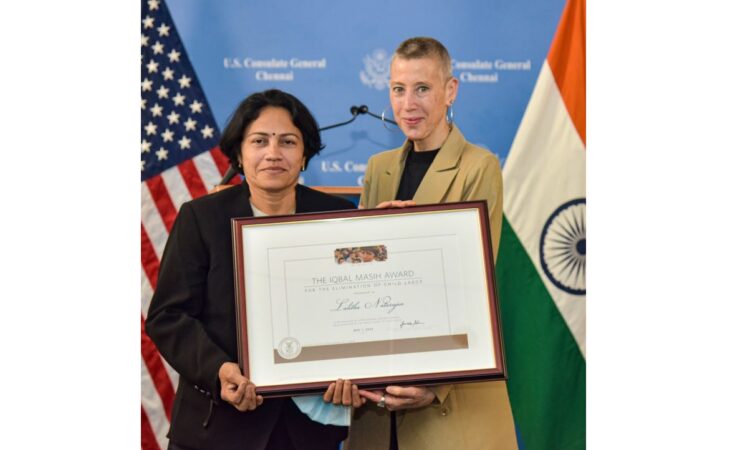 U.S. Consul General in Chennai Judith Ravin presents United States Department of Labor’s 2023 Iqbal Masih Award for the Elimination of Child Labor to legal practitioner and social activist Lalitha Natarajan at the U.S. Consulate General in Chennai on Tuesday, May 30.