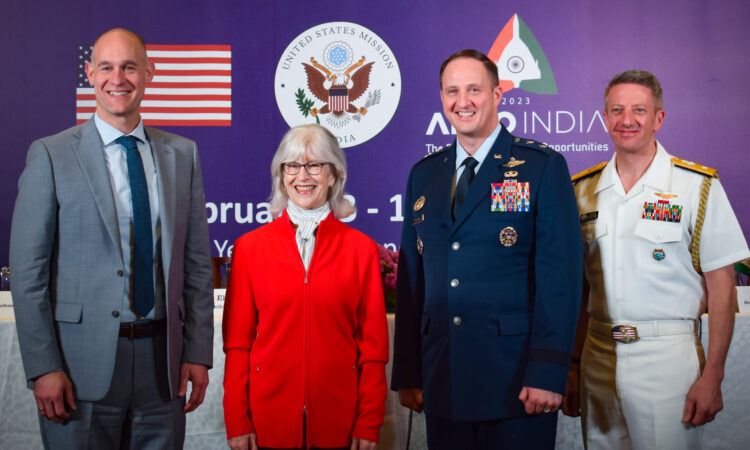 Principal Deputy Assistant Secretary of Defense for Indo-Pacific Security Affairs Jedidiah P. Royal; U.S. Embassy New Delhi Chargé d’Affaires, a.i. Ambassador A. Elizabeth Jones; Major General Julian C. Cheater, Assistant Deputy Under Secretary of the Air Force, International Affairs; and Senior Defense Official and Defense Attaché Rear Admiral Michael Baker at a press conference in Bengaluru on the U.S. participation at Aero India 2023.
