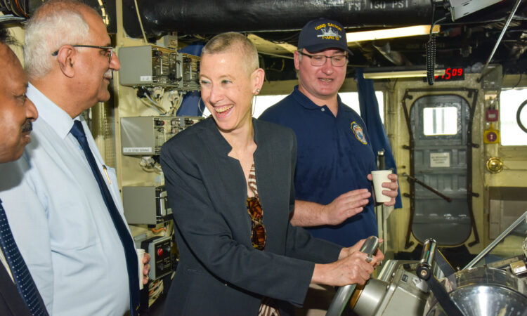 U.S. Consul General in Chennai Judith Ravin, USNS Salvor’s captain Capt. Andrew MacLeod, L&T Defense Business Executive Vice President and Head A.T. Ramchandani, and L&T Vice President K.S. Nathan onboard USNS Salvor at Larsen & Toubro’s (L&T) Kattupalli Shipyard on Monday, July 10.