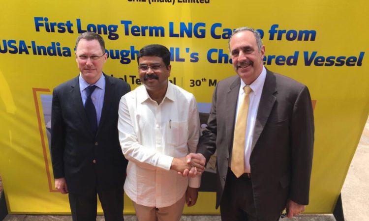 United States Minister Counselor for Commercial Affairs Patrick Santillo and Consul General to Kolkata Craig Hall joined Minister of Petroleum and Natural Gas Dharmendra Pradhan to welcome the first shipment of U.S. liquefied natural gas